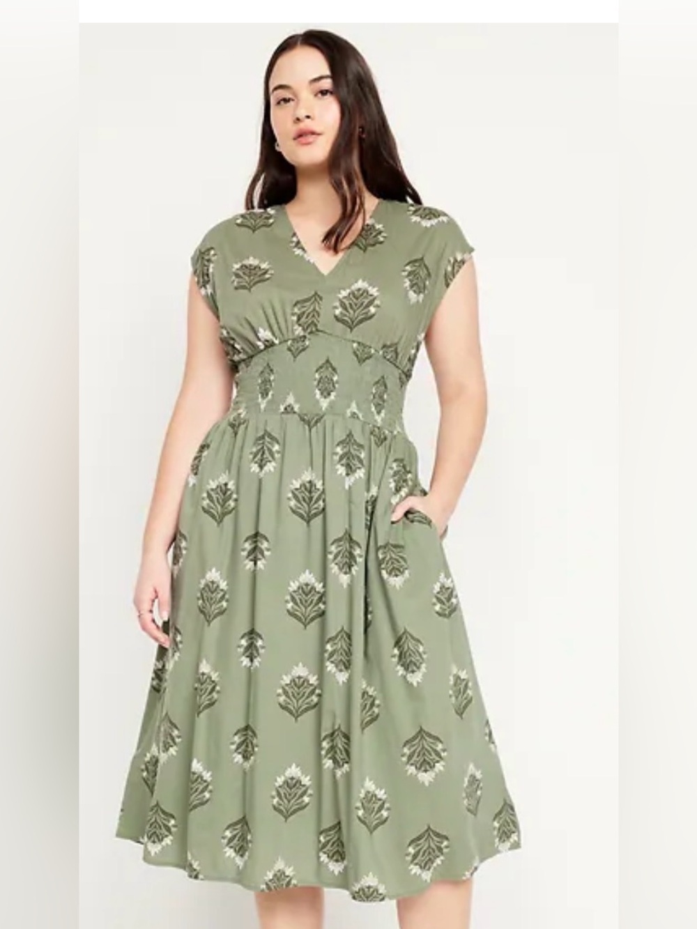 Old Navy Olive Green Floral Cap-Sleeve Midi Dress with pockets